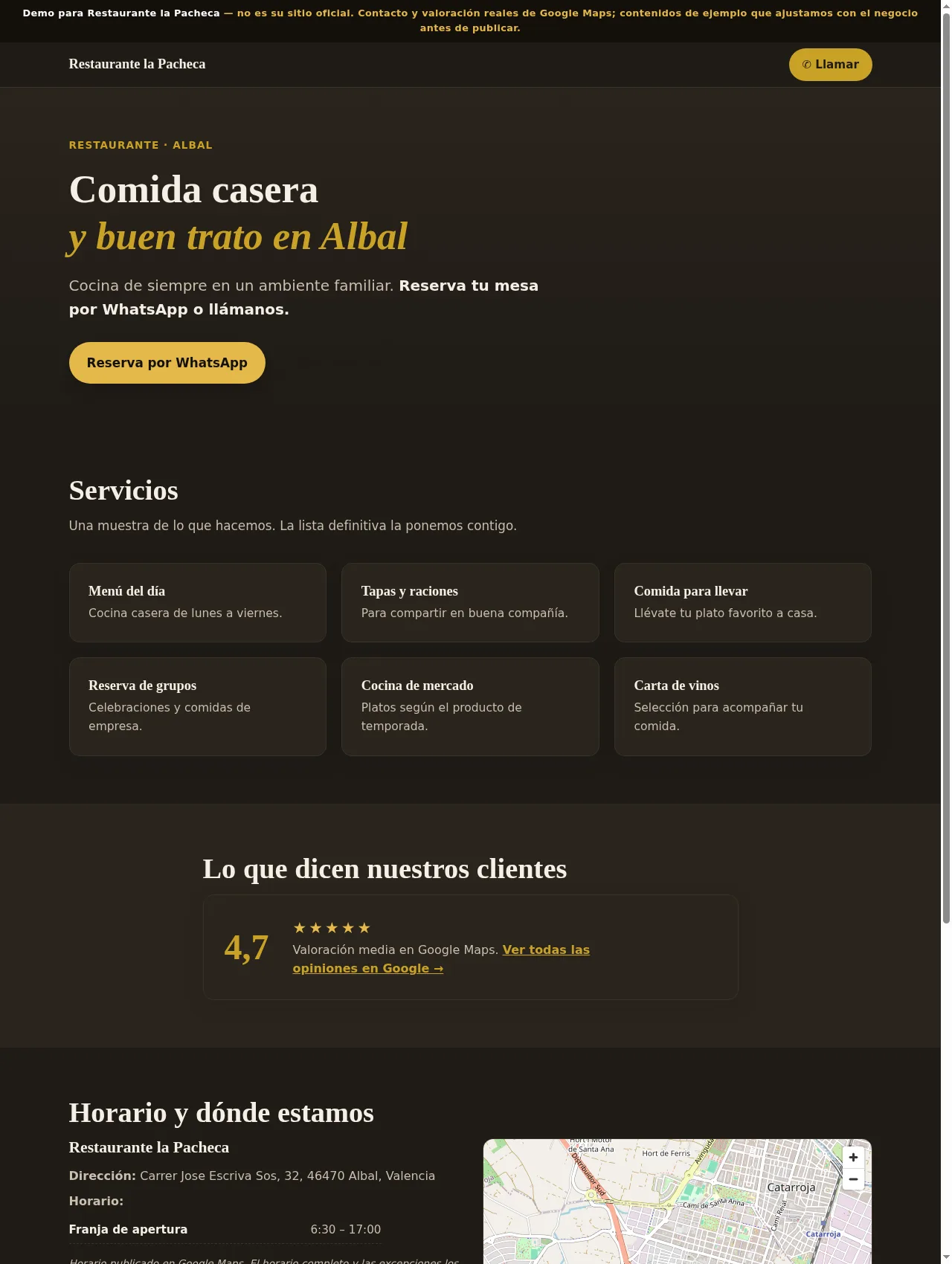 Captura de la web de Restaurante la Pacheca