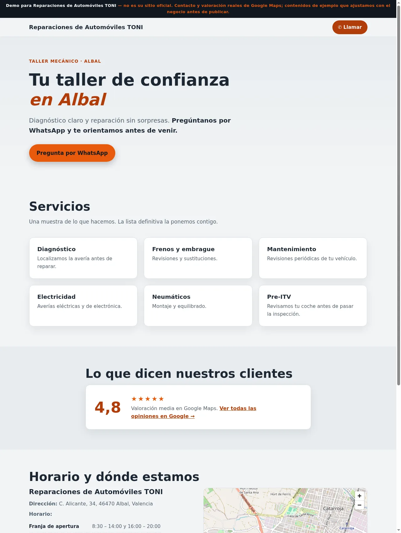 Captura de la web de Reparaciones de Automóviles TONI