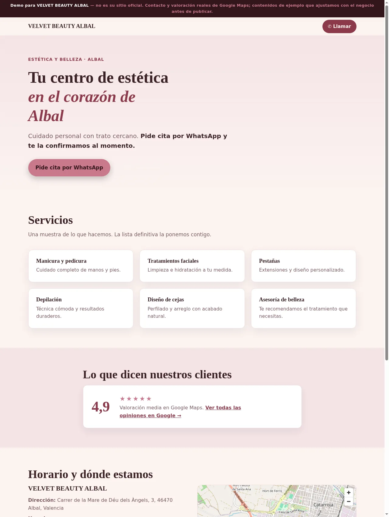 Captura de la web de VELVET BEAUTY ALBAL